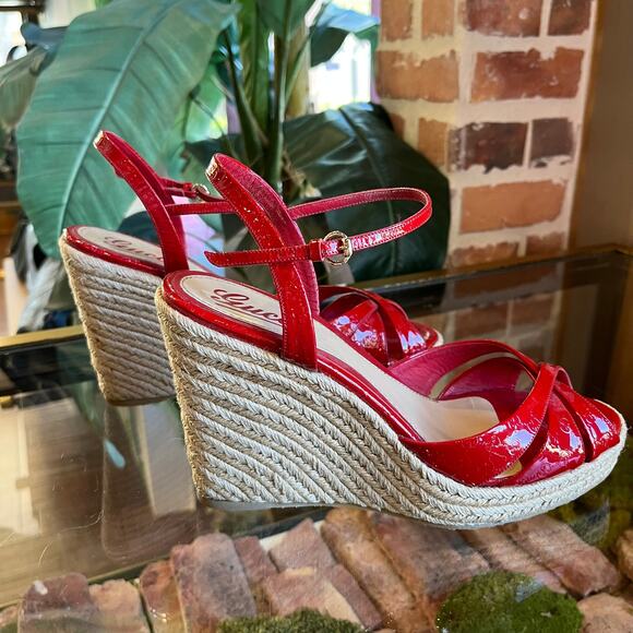 GUCCI Penelope Microguccissima Red Patent Leather Espadrille Wedges Size 40 - Picture 5 of 6